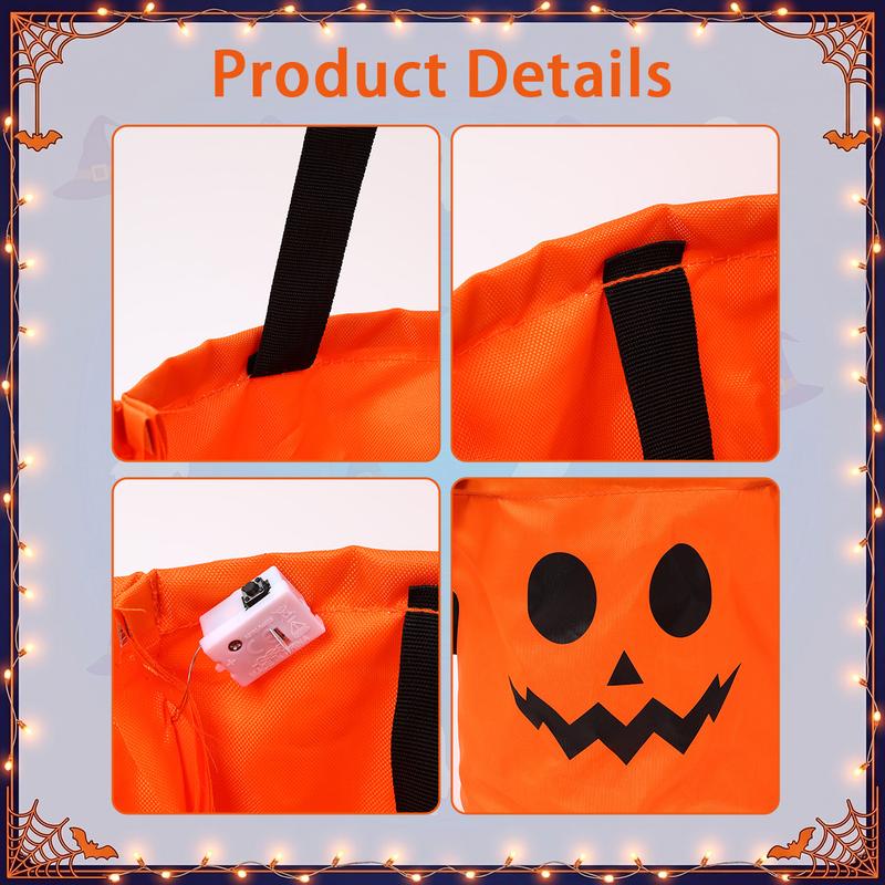 A trick-or-treat bag glowing with its LED lights switched on