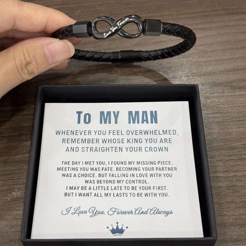 Black braided Love You Forever infinity bracelet with To My Man message card and gift box