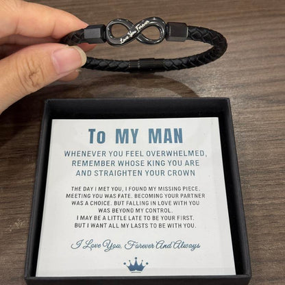 Black braided Love You Forever infinity bracelet with To My Man message card and gift box