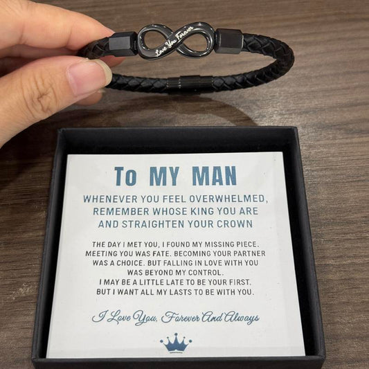 Black braided Love You Forever infinity bracelet with To My Man message card and gift box