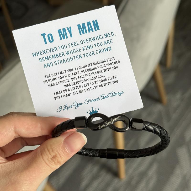 To My Man message card with black braided infinity bracelet